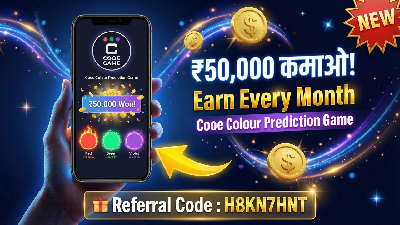 Cooe Game App colour prediction game thumbnail showing Red Green Violet buttons with referral code H8KN7HNT and earning proof of ₹50,000